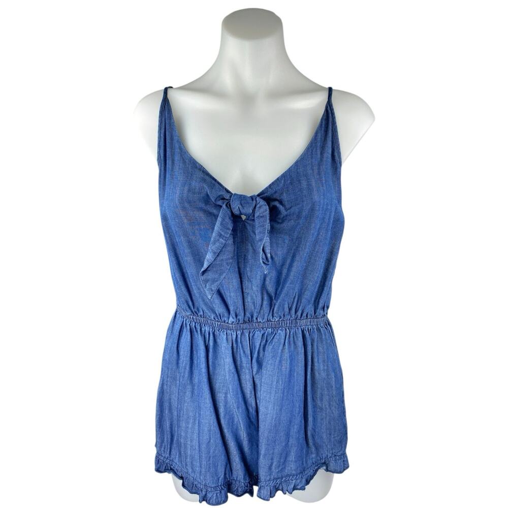 Mossimo Blue Sleeveless Tie Knit Ruffle Chambray Cami Tank Romper Shorts Size S